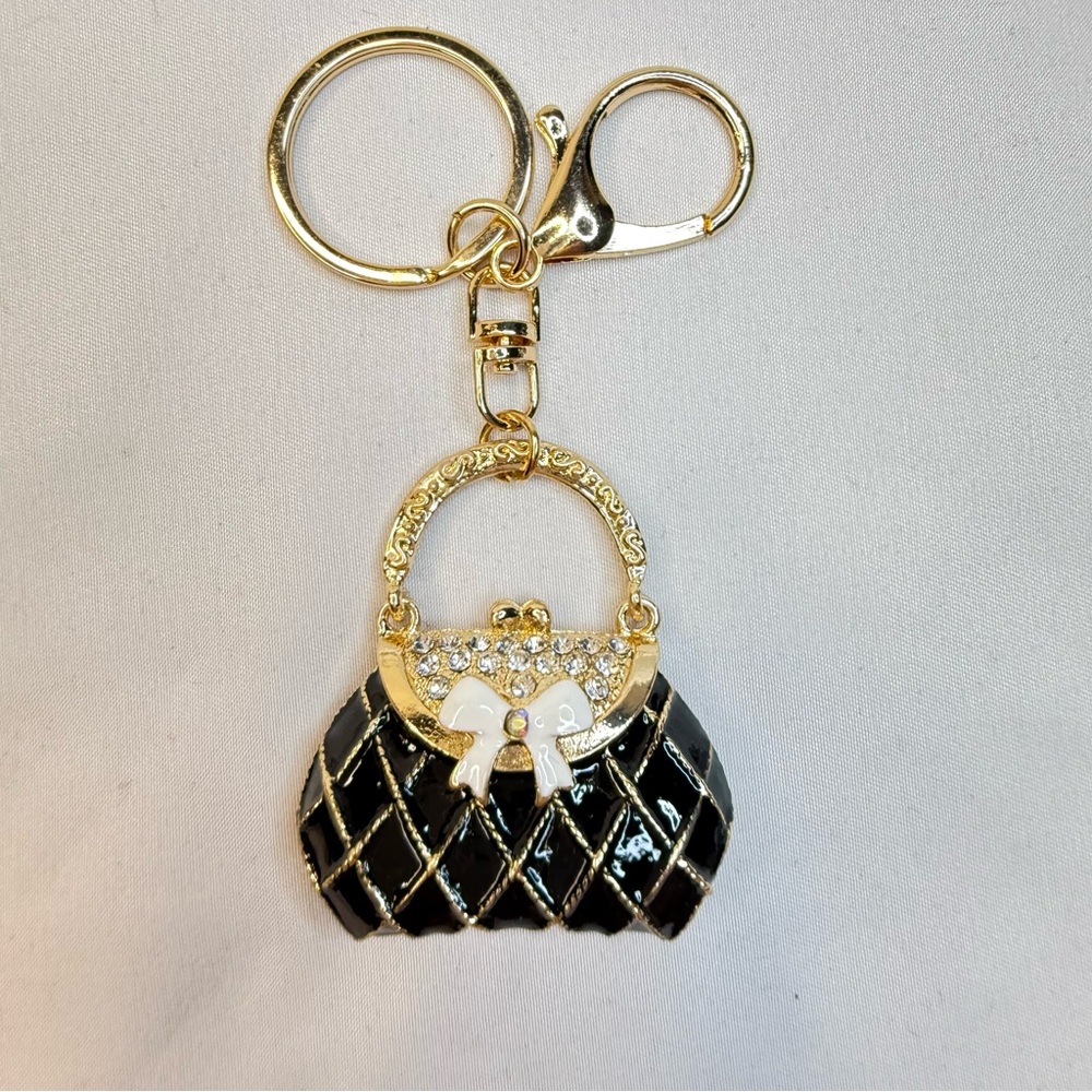 Gold and Black Purse w/Bow and Rhinestones Bag Charm/Key Holder